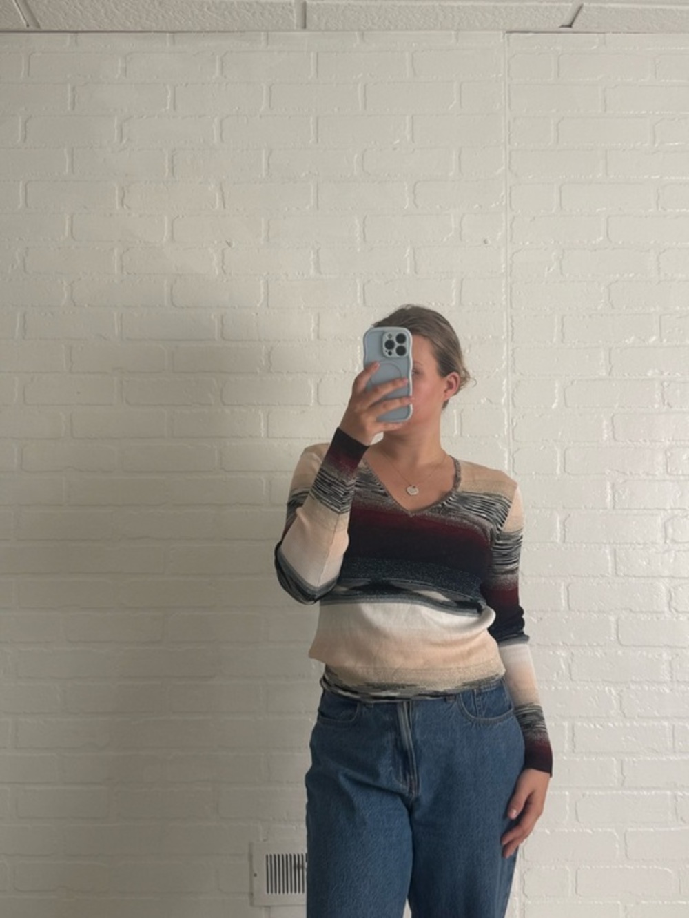 NWT Missoni Sweater Metallic Lurex Knit Stripe V-Neck Sweater in Cream Burgundy